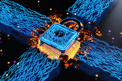 Security padlock and futuristic circuit board